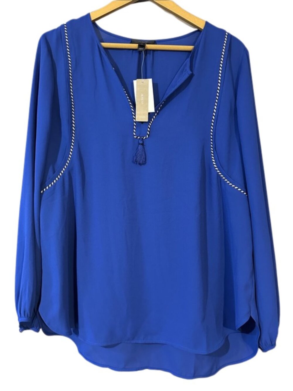 NWT J. Crew Cobalt Blue Blouse Size 10 Tassel Tie Braid Trim Long Sleeve Top